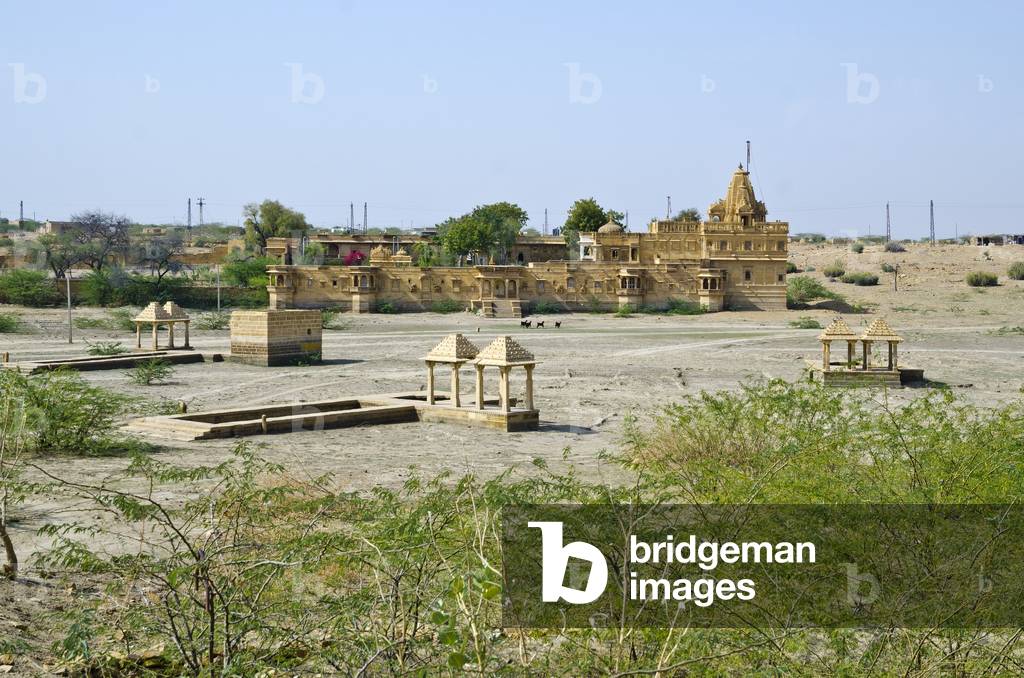 Stepwells on rainwater harvesting lake bed in dry season in Amar Sagar, Thar Desert, Rajasthan, India (photo)