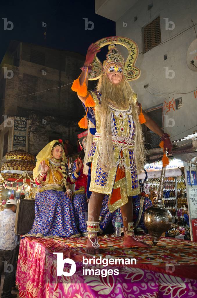 Hanuman float in a nighttime parade following the Holi Festival,
Pushkar, Rajasthan, India (photo)