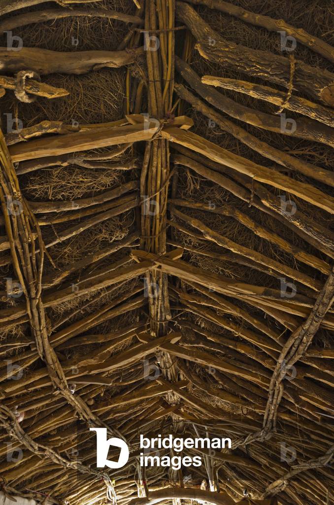 Interior timber roof construction of a traditional hut in a Thar Desert hamlet, Bhikhsar, Thar Desert, Rajasthan, India (photo)