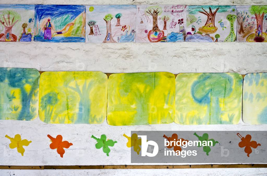 Children's drawings on wall of Nepali primary school classroom, Ankuran Education Centre, Kahare, Chalnakhel, Kathmandu Valley, Nepal (photo)