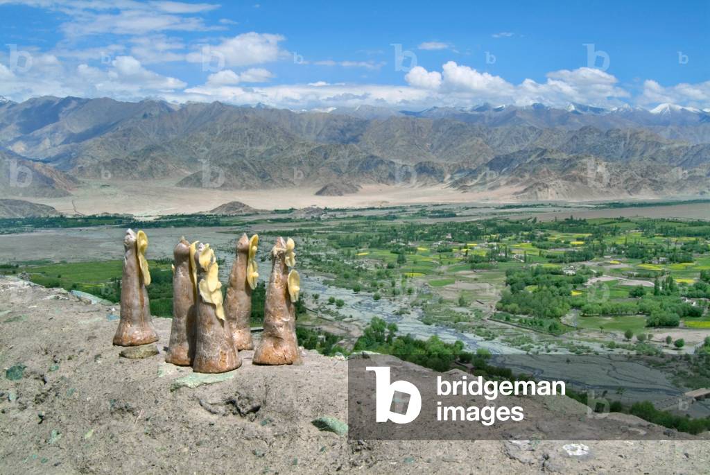 Tibetan Buddhism (Tantric Buddhism, Vajrayana): Tormas (ritual offerings to local deities, made of dough & butter) on monastery wall overlooking Indus Valley Matho Gompa, Ladakh, Himalayas, Jammu and Kashmir, India (photo)