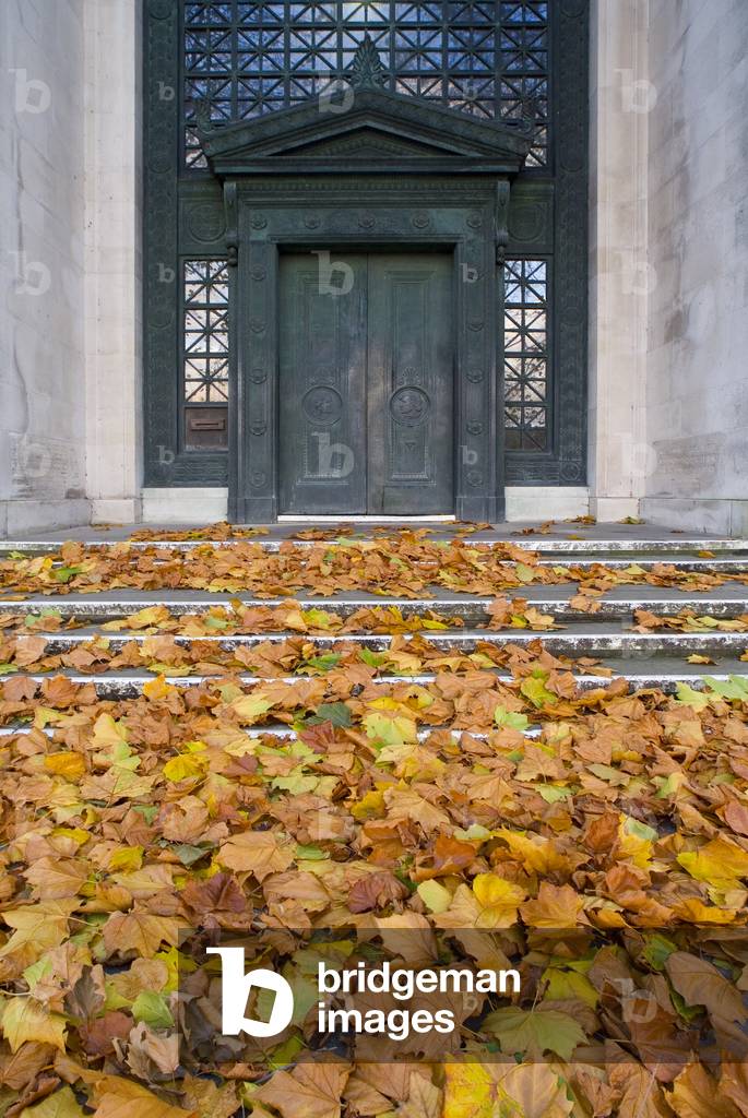 Autumn leaves on steps leading up to large portal, Swansea, South Wales, UK (photo)