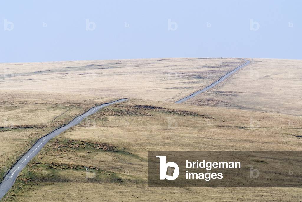 Small country road in barren Welsh upland moorland, South Wales, UK (photo)