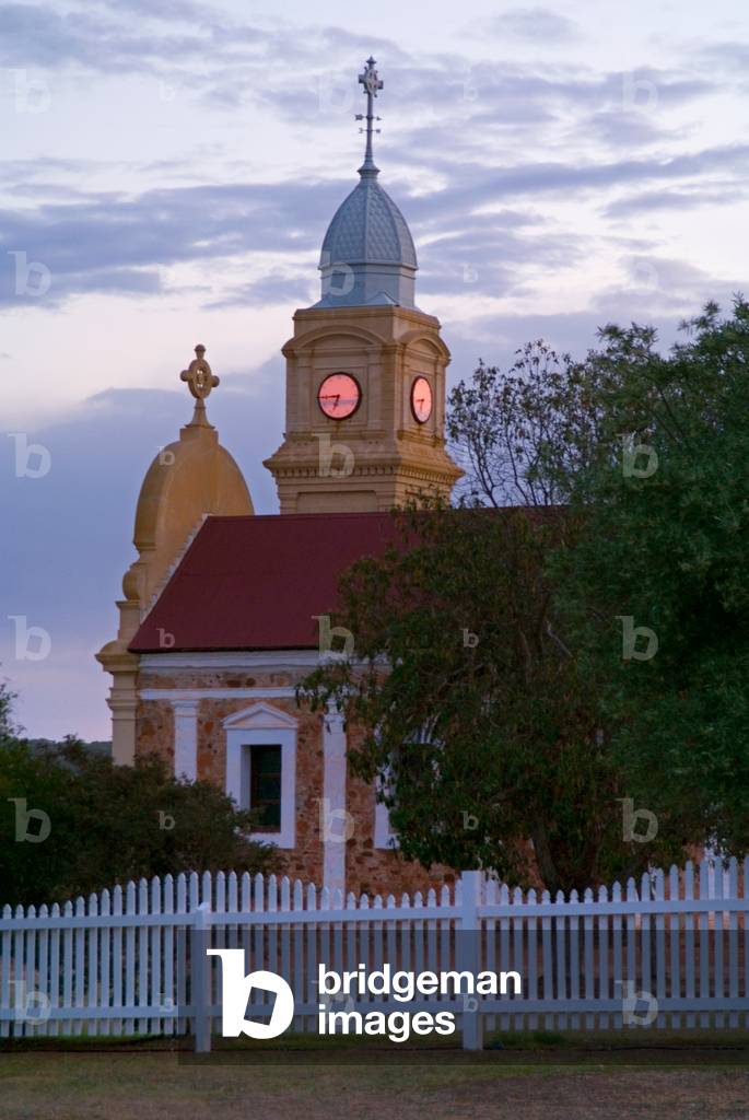 New Norcia Benedictine monastery & settlement: Abbey church/ mission church at dusk New Norcia, Western Australia (photo)