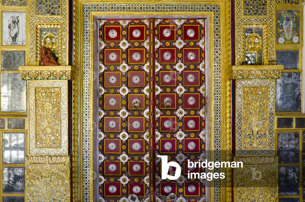 Hinduism: Ornately carved & painted ancient door in old Rama temple,
The Old Blue City, Jodhpur, Rajasthan, India (photo)