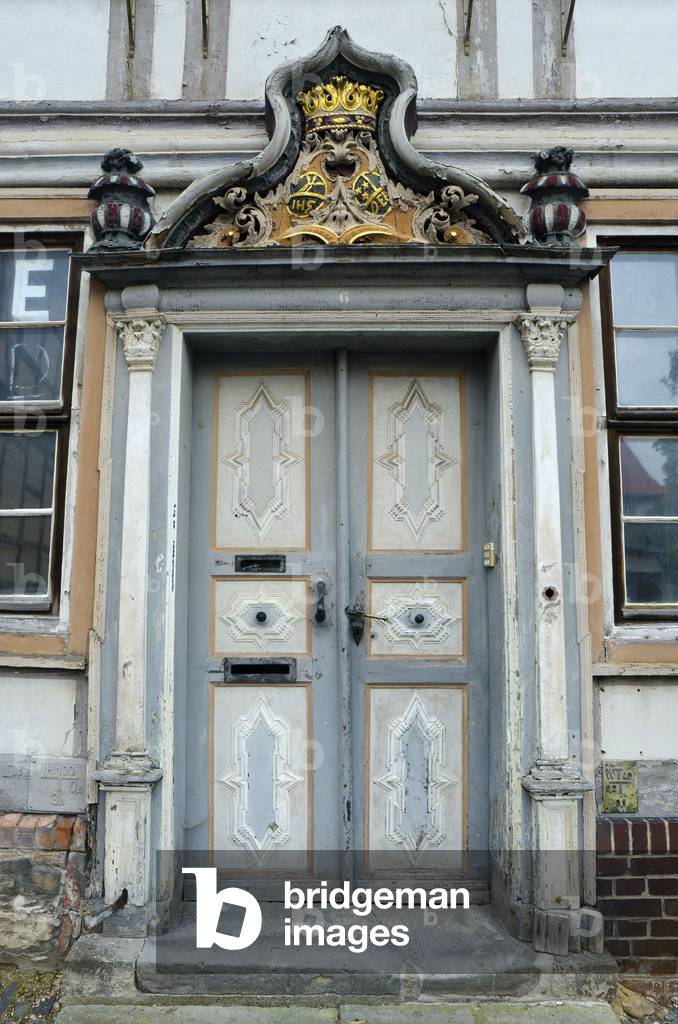 Ornamental Wooden Front Door in 18th Century House, Wernigerode, Harz District, Saxony-Anhalt, Germany (photo)