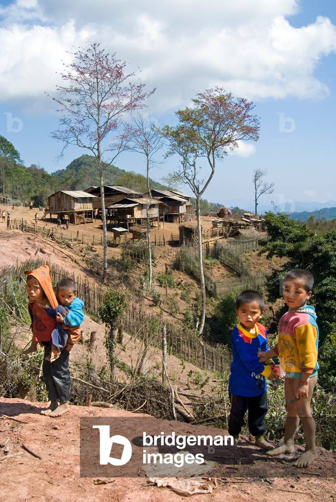Four young boys on edge of remote tropical forest village (ethnic minority Hmong), Annamite Range
Keobon, Nonghet District, Xieng Khouang Province, Laos, Southeast Asia