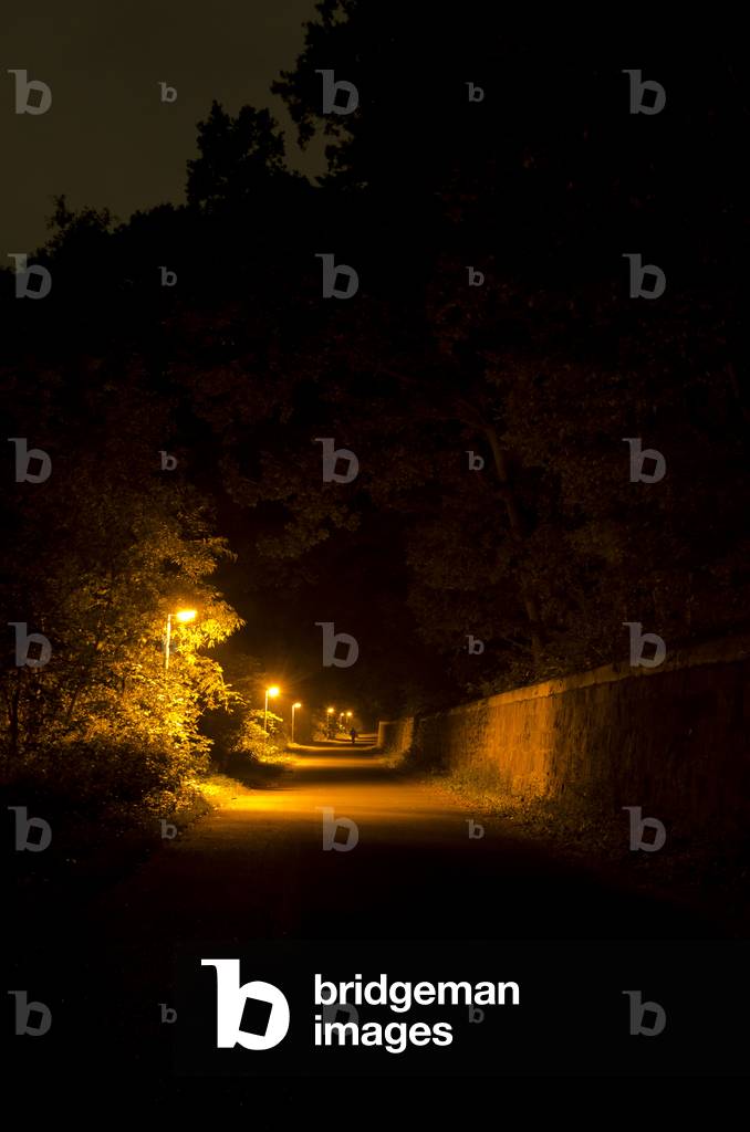 Person in Distance Walking on Night time Lane, Bergshausen, Fuldabrück, Hesse, Germany (photo)