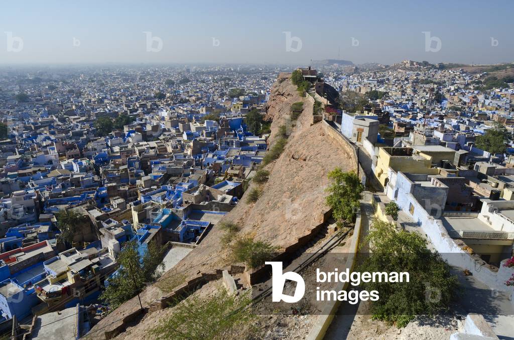 The Old 'Blue City' from above and Pachetia Hill cutting into it,
 Jodhpur, Rajasthan, India (photo)