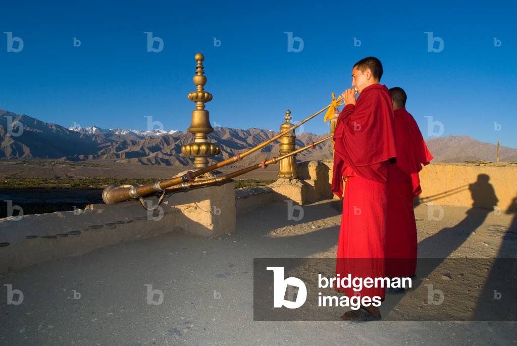 Two Gelugpa monks playing dung-chen on monastery roof announcing beginning of sunrise puja across Indus valley towards Zanskar mountain range, Thiksey Gompa, Ladakh, Jammu & Kashmir, Himalayas, India (photo)
