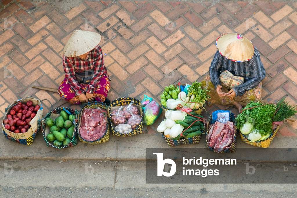 Two vegetable, fruit and meat sellers on city street pavement (photo)
