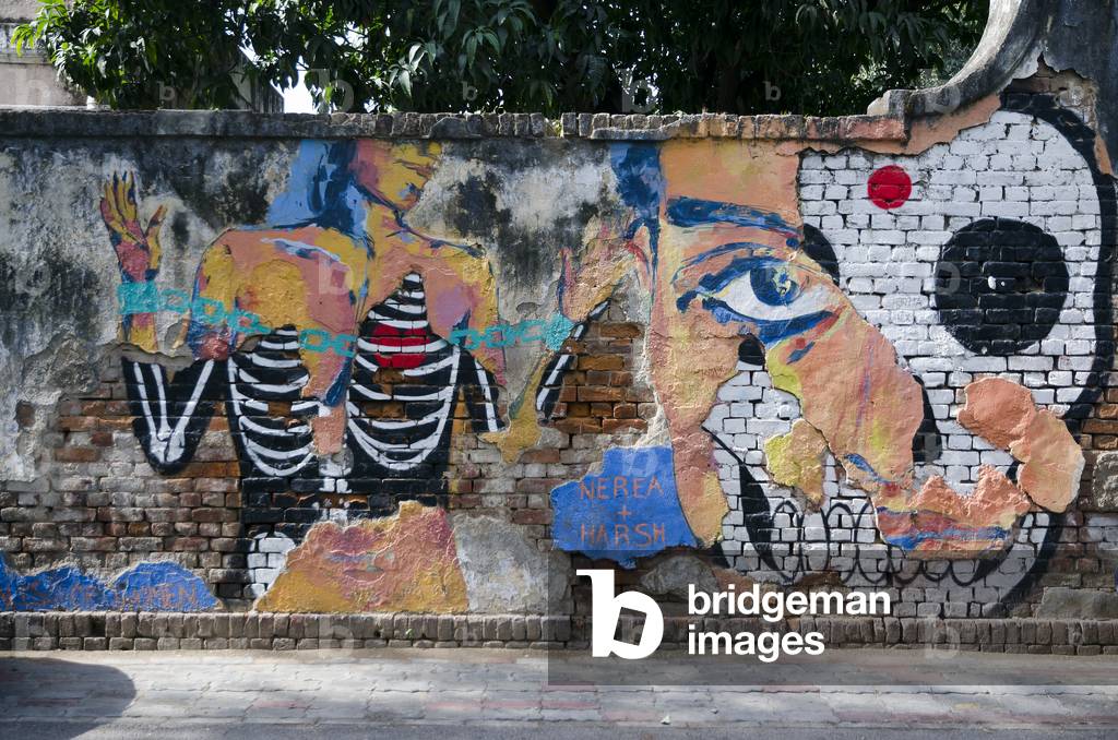 Wall art on brick wall, collaboration between Harsh Raman and Nerea Galan for the 'Walls of Women' project, New Delhi, India (photo)
