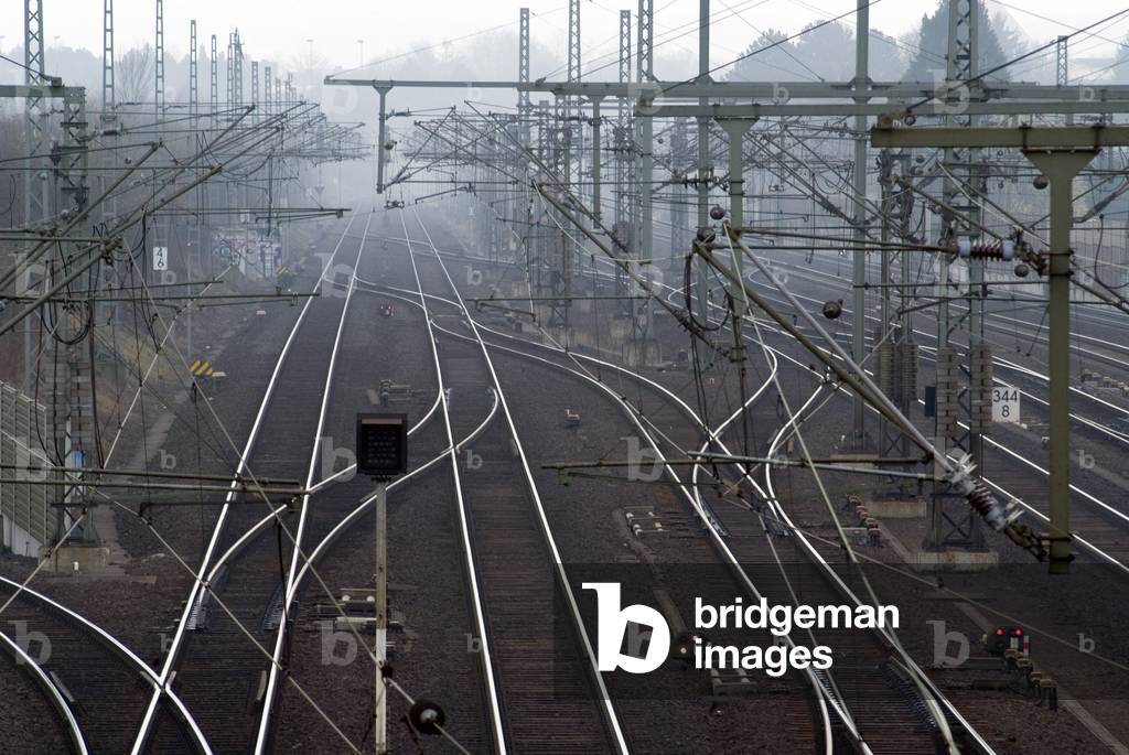 Railtracks with switch points and overhead lines, Wilhelmshöhe, Kassel, Hesse, Germany (photo)