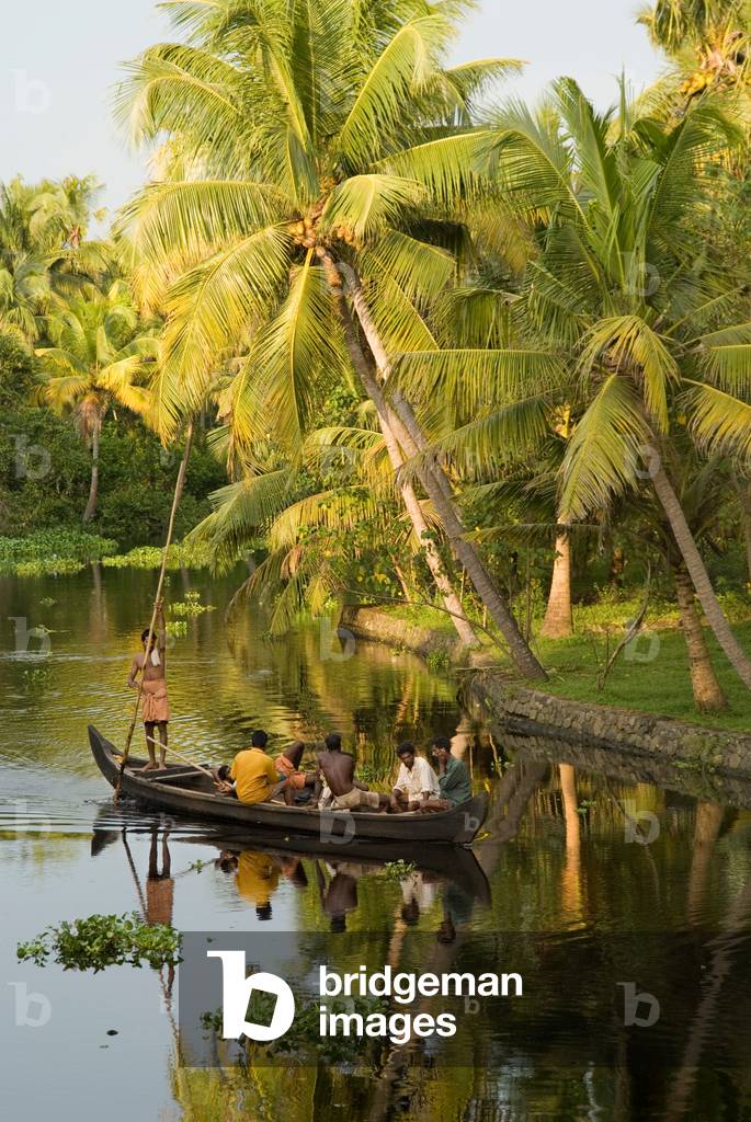 People traveling in a boat on the Kerala backwaters by the coconut palm forest (photo)