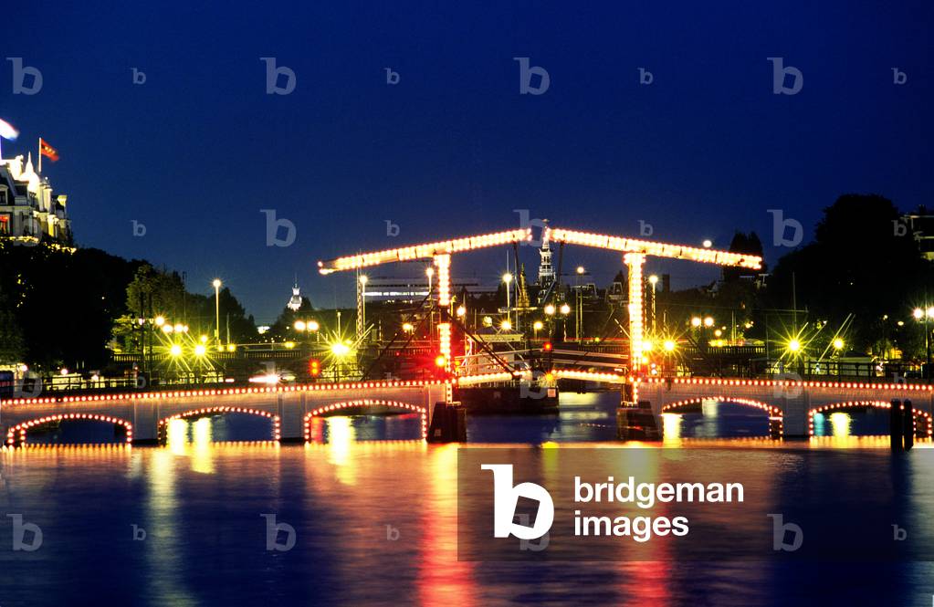 Magere cantilever lifting bridge on the Amstel canal in Amsterdam(also known as the 