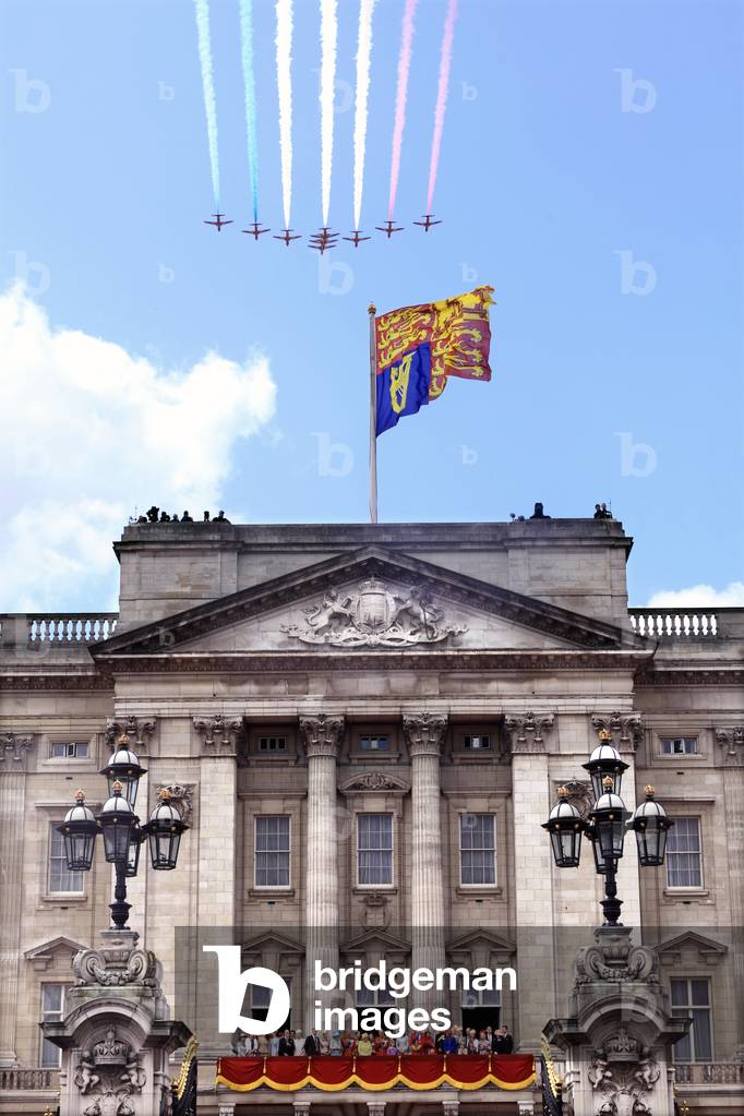 Queen Elizabeth II  and Prince Philip and Royal Family watch Fly Past from the Balcony of Buckingham Palace  at the Trooping of the Colour Ceremony  June 2012 (photo)