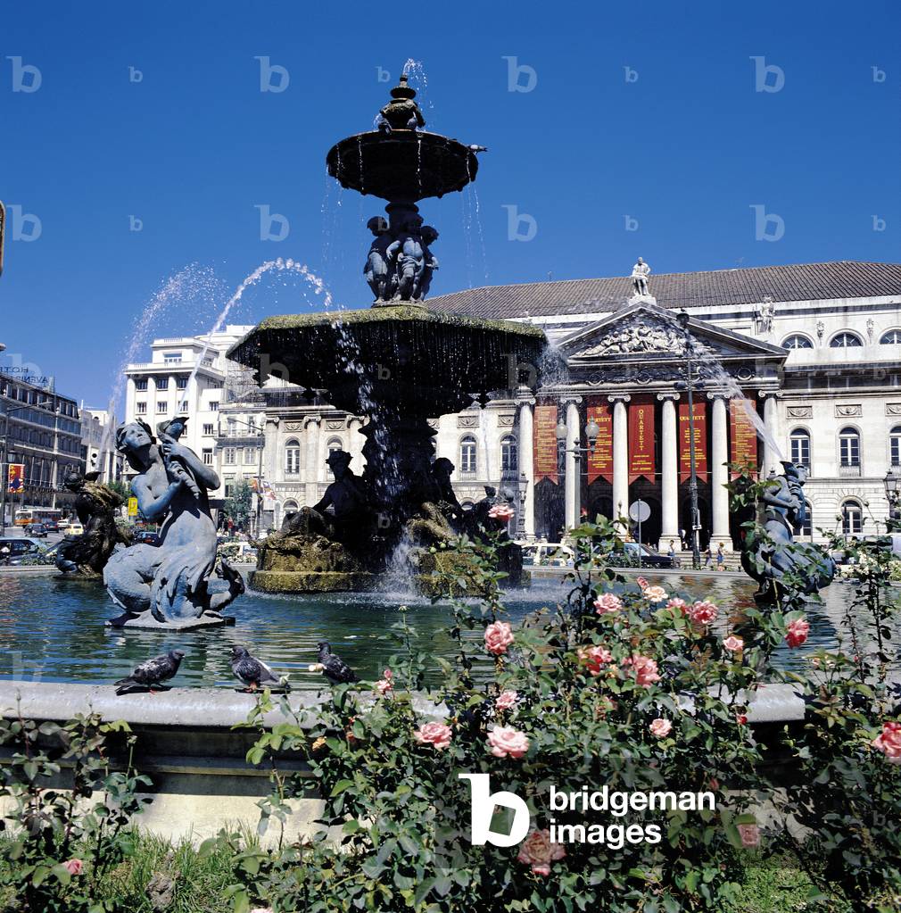 The Opera theatre and the fountains in Rossio Sq in centre of Lisbon (photo)
