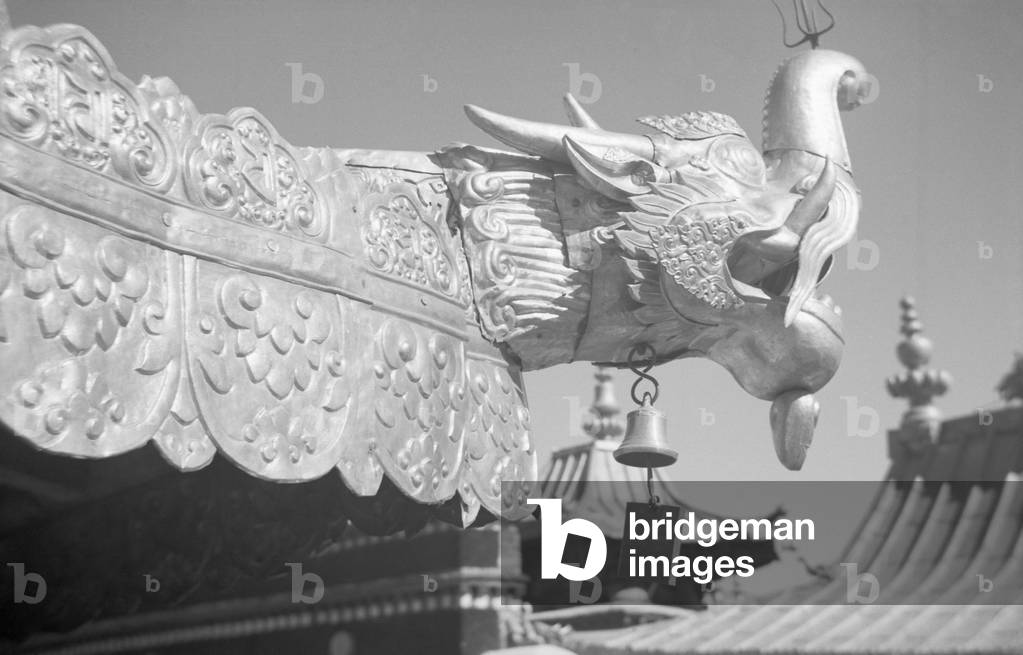 Gilt copper pagoda roof of the tomb of the 13th Dalai Lama, on the roof of the Potala Palace, Central Lhasa, Tibet, 1936 (b/w photo)