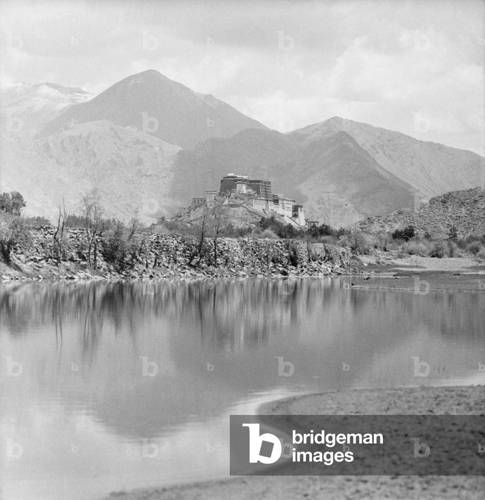 The Potala Palace from the west with the Kyichu river in the foreground, c.1936-50 (b/w photo)