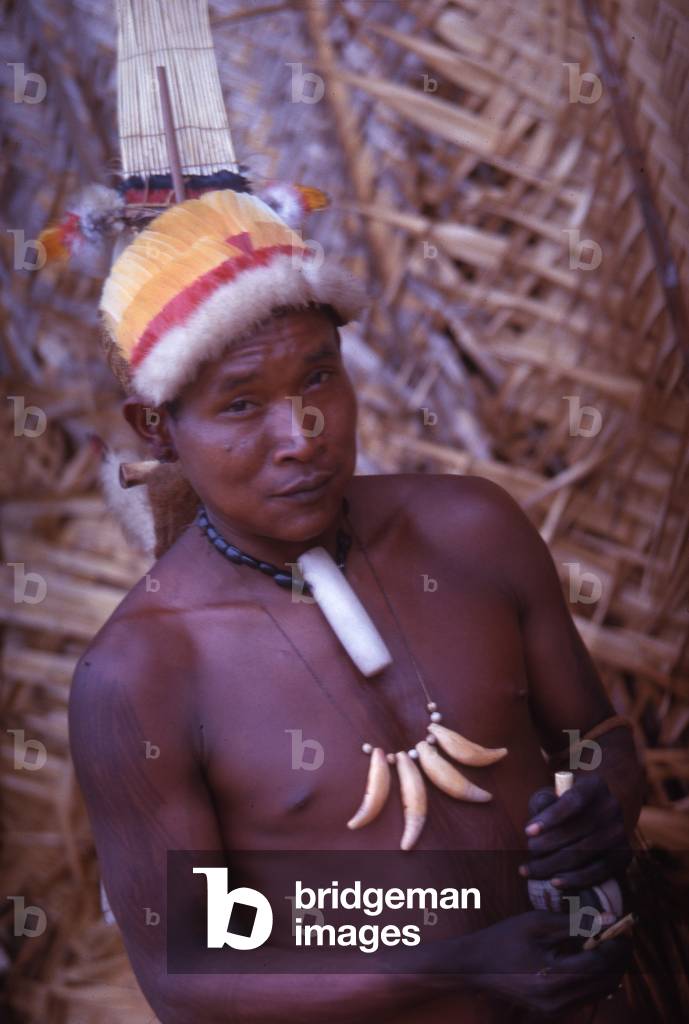 Tukano man wearing feather headdress, also a crystal pendant and a necklace with four teeth, Piraparaná River, Vaupes department, Colombia, 1960-61 (photo)