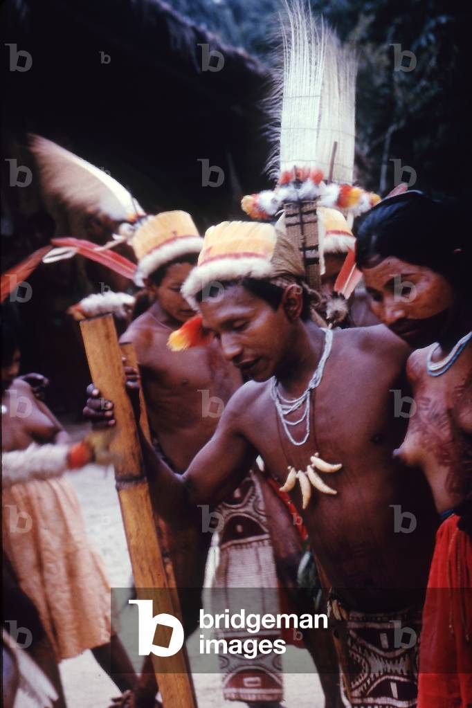Tukano people dancing, the men are wearing feather headdresses, Vaupés department, Colombia, 1960-61 (photo)