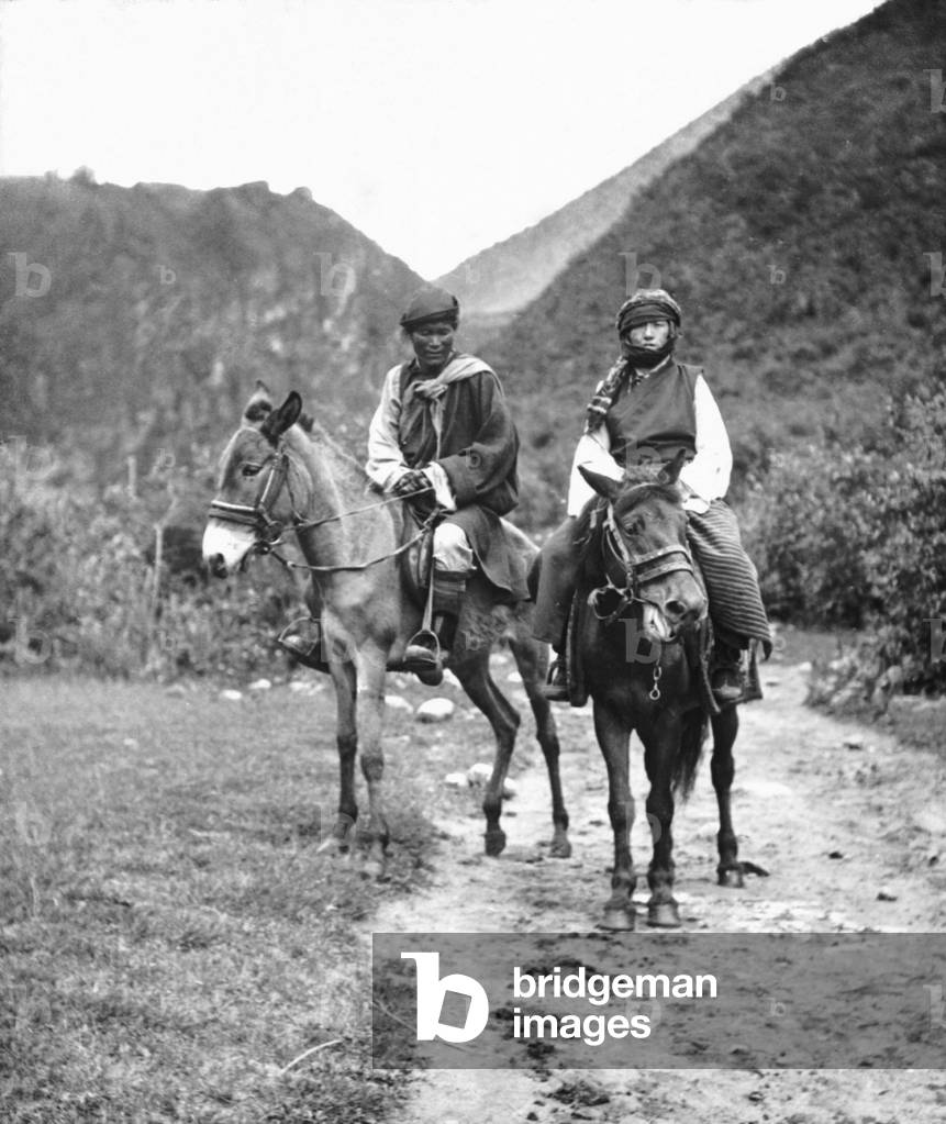 Man and woman travelling on horseback in the Chumbi Valley (glass plate gelatin print)
