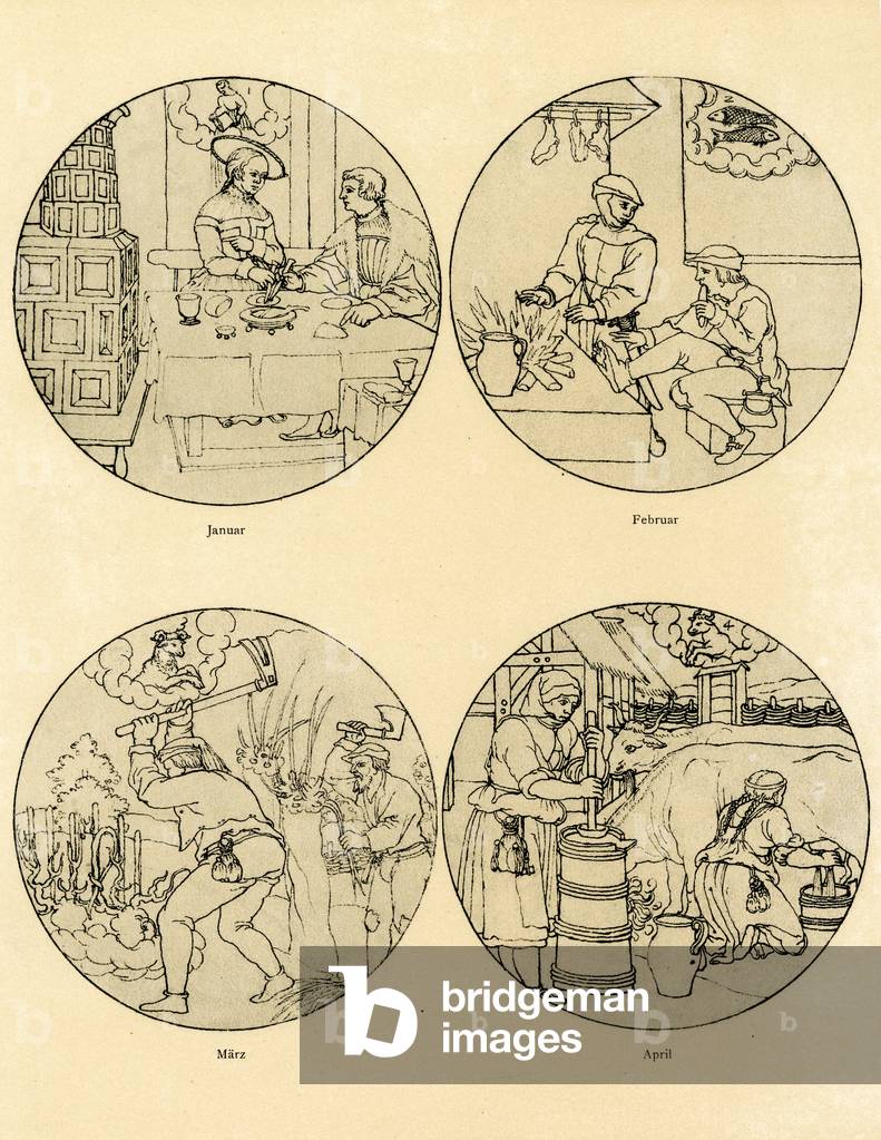 Twelve calendar images in a circular shape