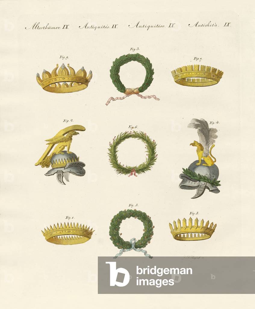 Crowns from the ancients (coloured engraving)