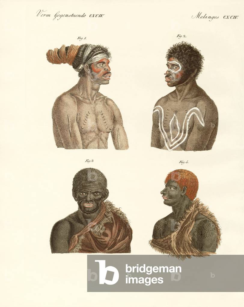 The inhabitants of Australia (coloured engraving)