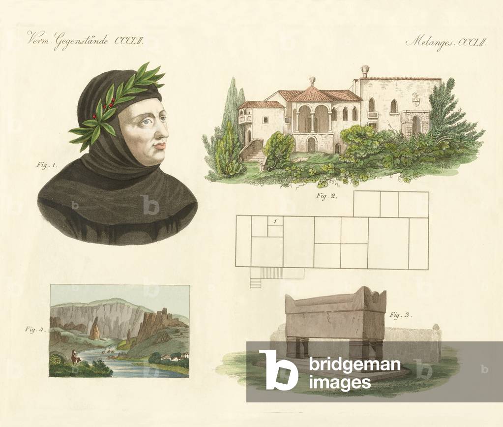 Petrarca, His flat in Arqua, His tomb together with a view of Vaucluse (coloured engraving)