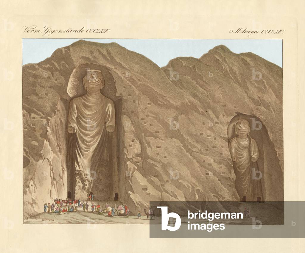 The colossal graven images and the cave-city Bameean in Cabool (coloured engraving)