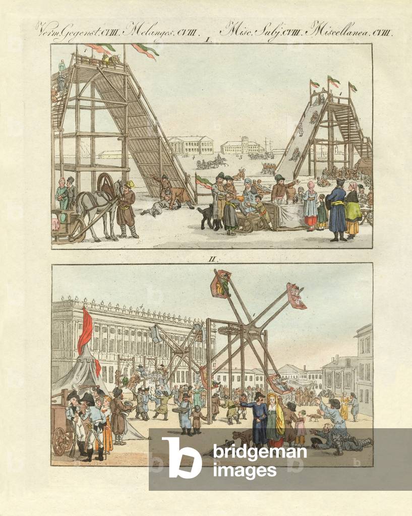 Russian funfair amusements (coloured engraving)
