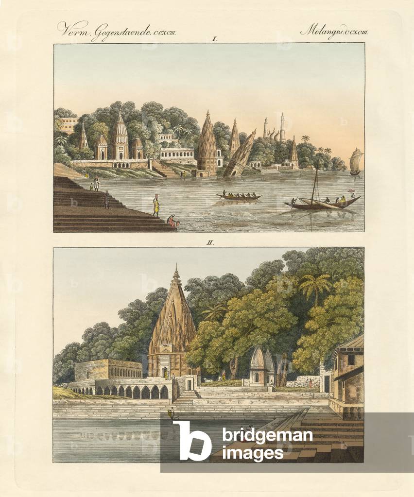 Benares and its pagodas (coloured engraving)