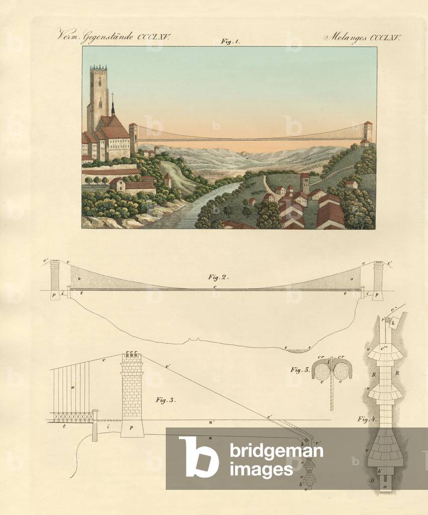 Suspension bridge of Freiburg in Switzerland (coloured engraving)