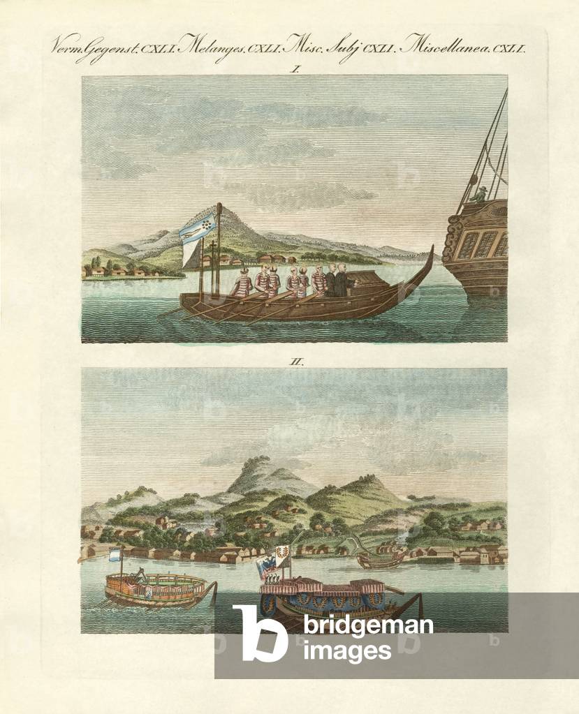 Views of the coast of Japan next to Japanese vehicles (coloured engraving)