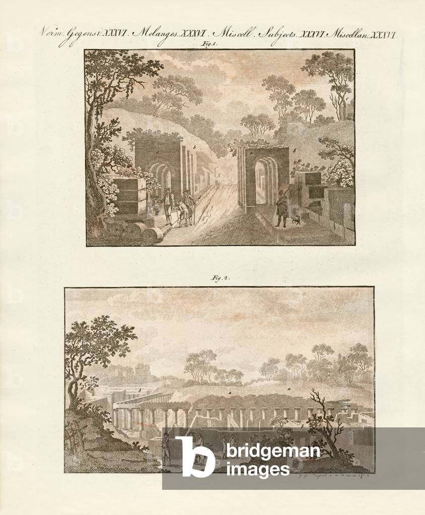 The excavated town of Pompeii (coloured engraving)