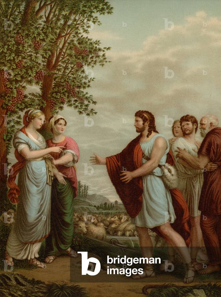 Jacob with Leah and Rachel (colour litho)