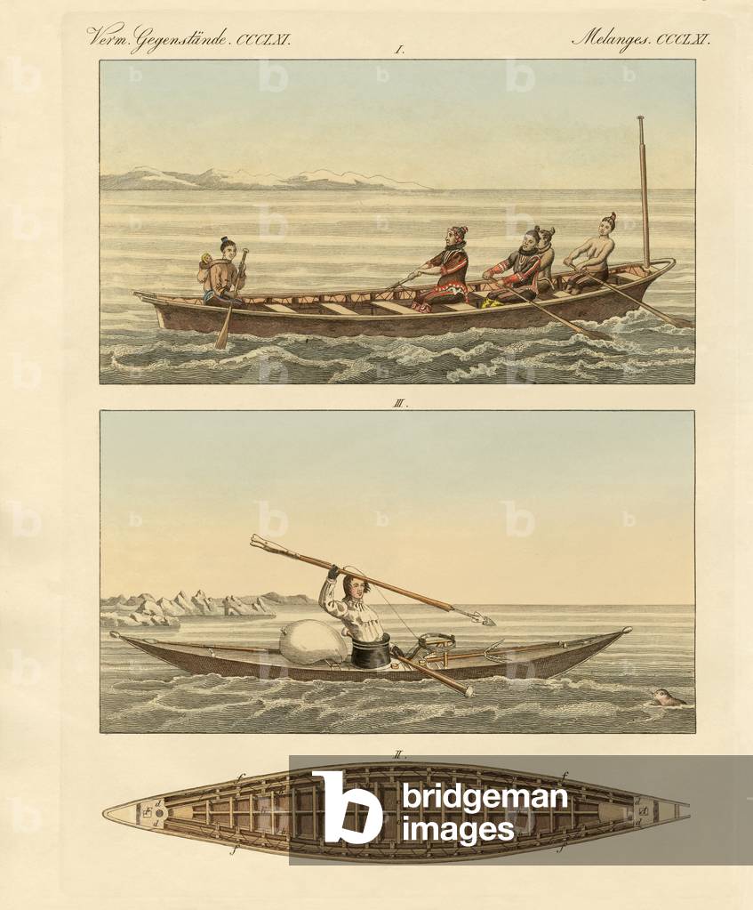 Boats of the Greenlanders (coloured engraving)
