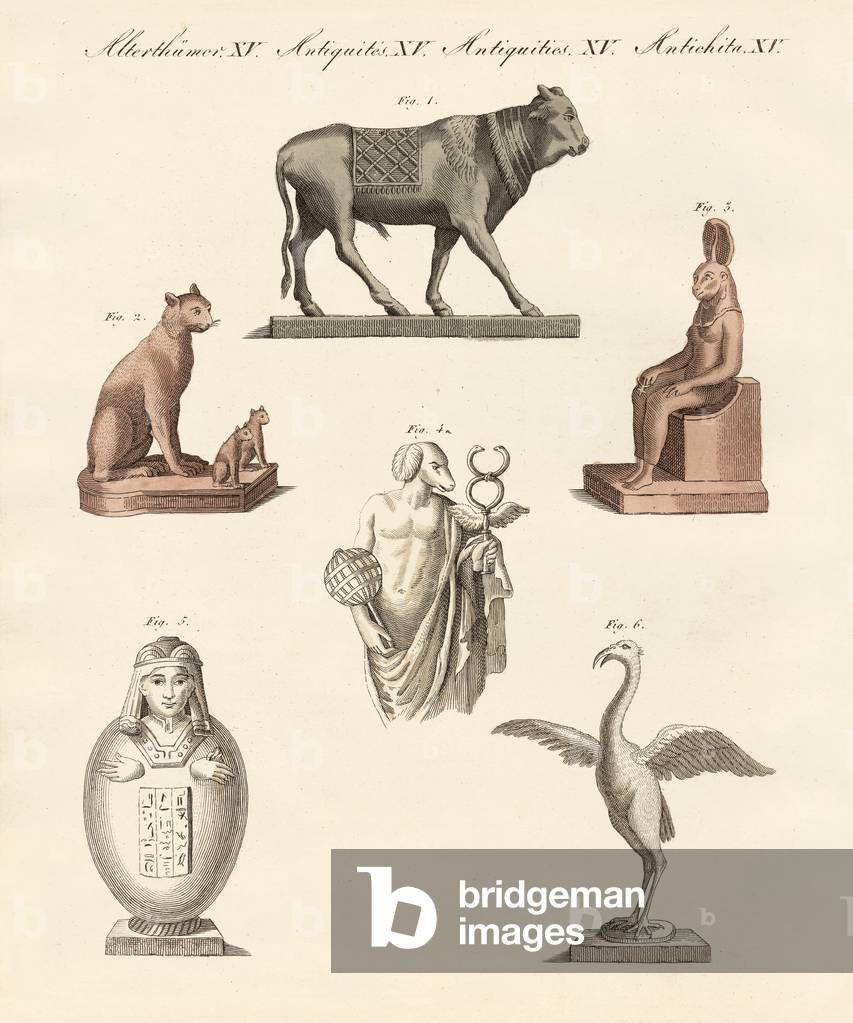 Egyptians divinities (coloured engraving)