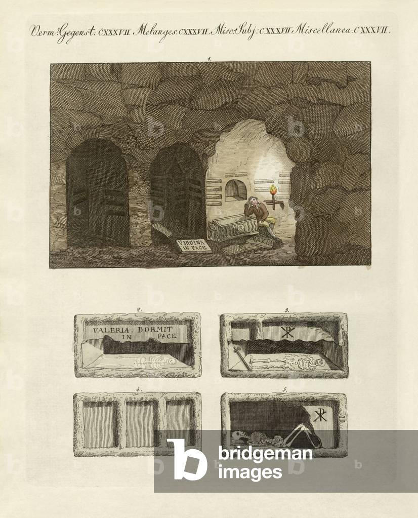 The catacombs of the subterraneous excavaters in Rome (coloured engraving)