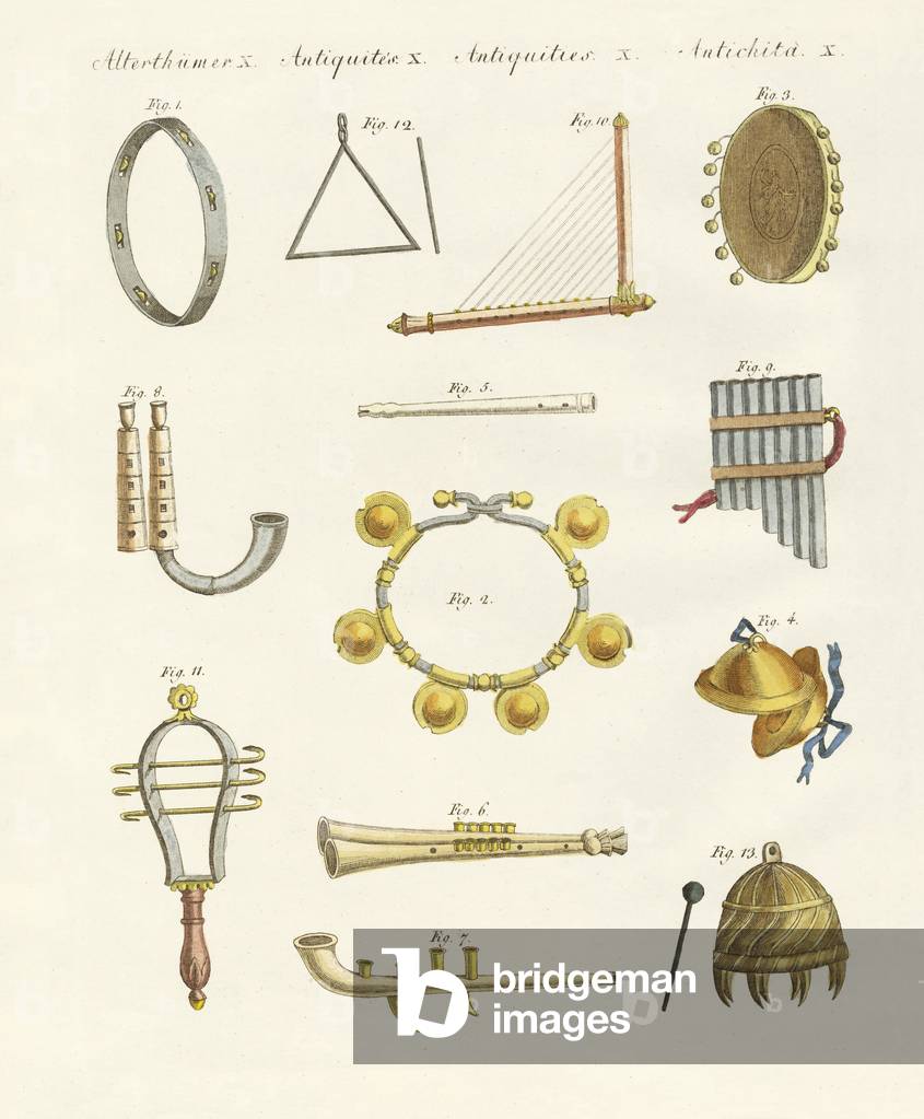 Musical instruments of the ancients -- whistles, rattles and cymbals (coloured engraving)