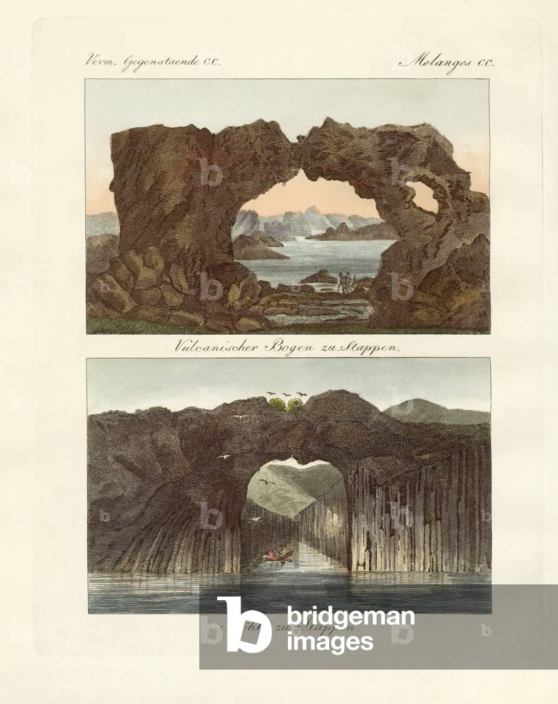Volcanic arcs and caves (coloured engraving)
