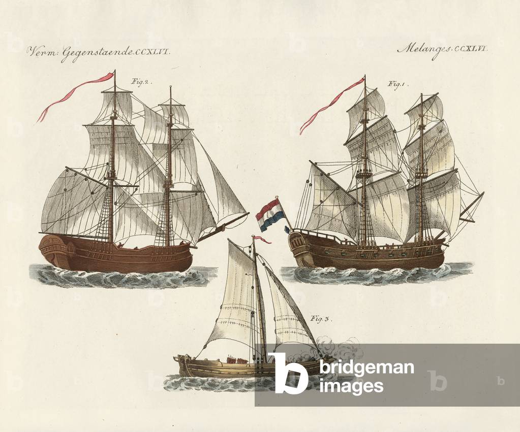 Warships of different kinds (coloured engraving)