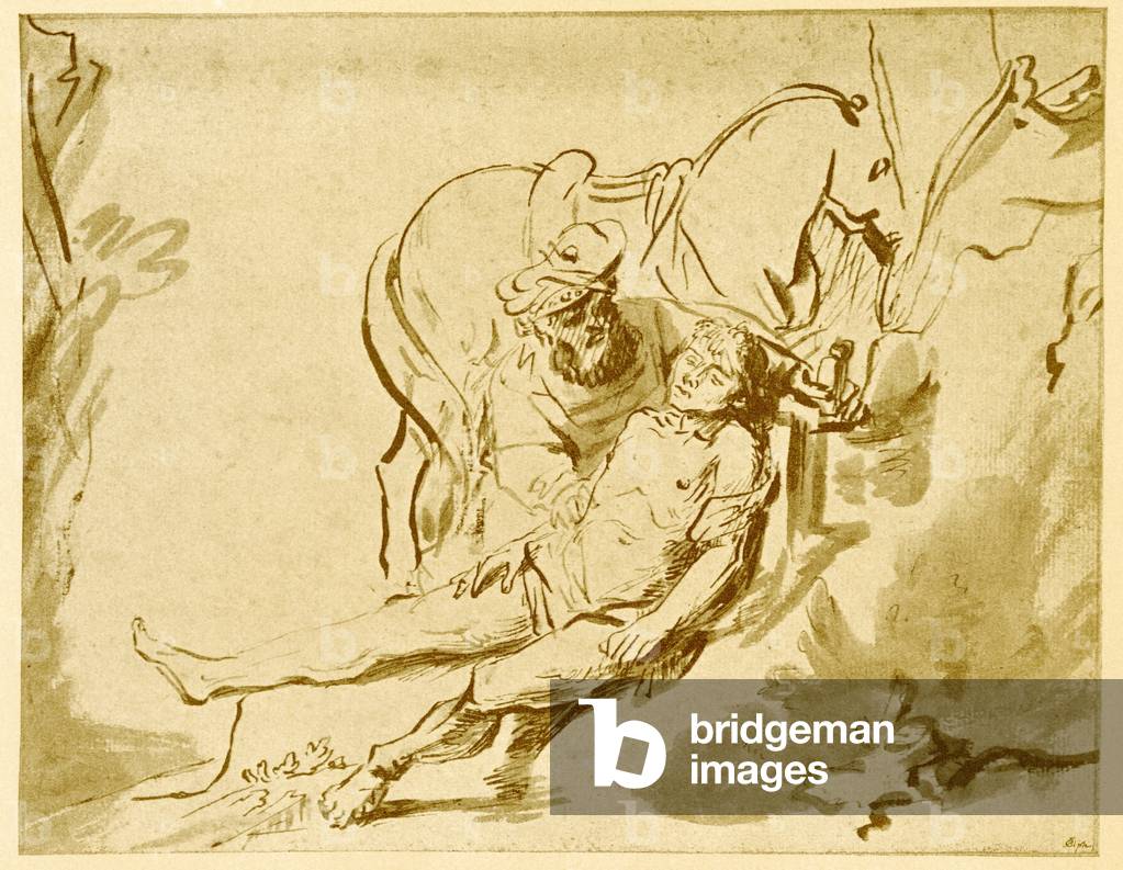 The Good Samaritan examining the wounded