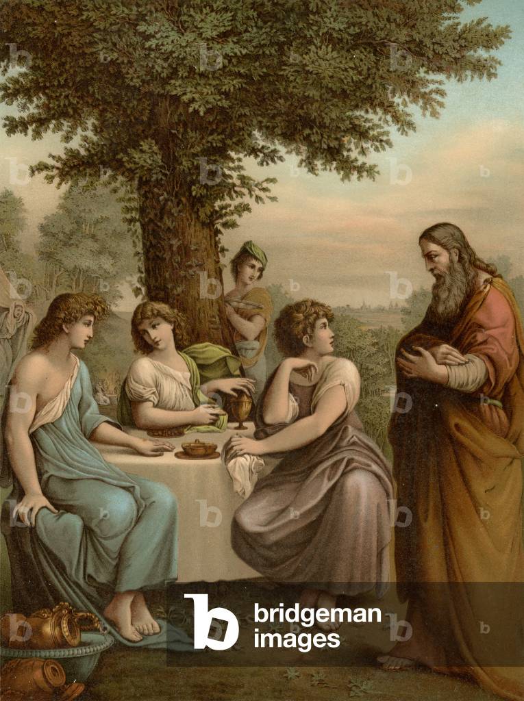 Abraham entertains Angels (colour litho)