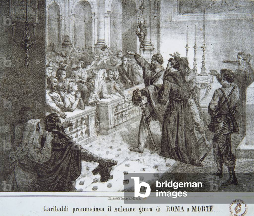 Garibaldi pronouncing the famous phrase, 'Rome or Death' (litho)
