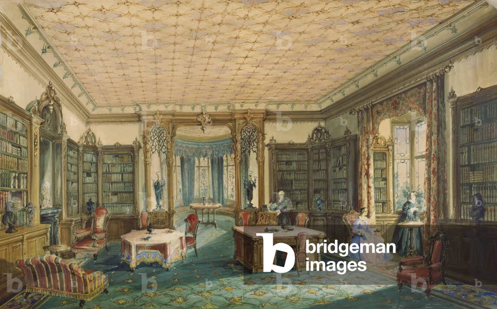 Interior of a Victorian Library (w/c on paper)