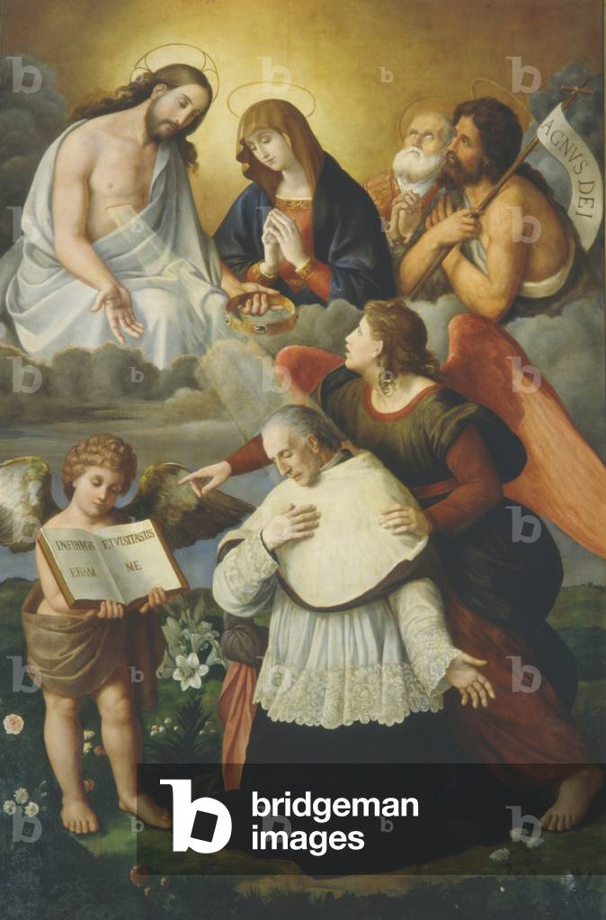 Christ, with Virgin and Saints John the Baptist and Filippo Neri, crowning Giovanni Battista De Rossi, by Antonio Bianchini (1803-1884), oil on canvas, Church of the Most Holy Trinity of Pilgrims, Rome. Italy, 19th century.