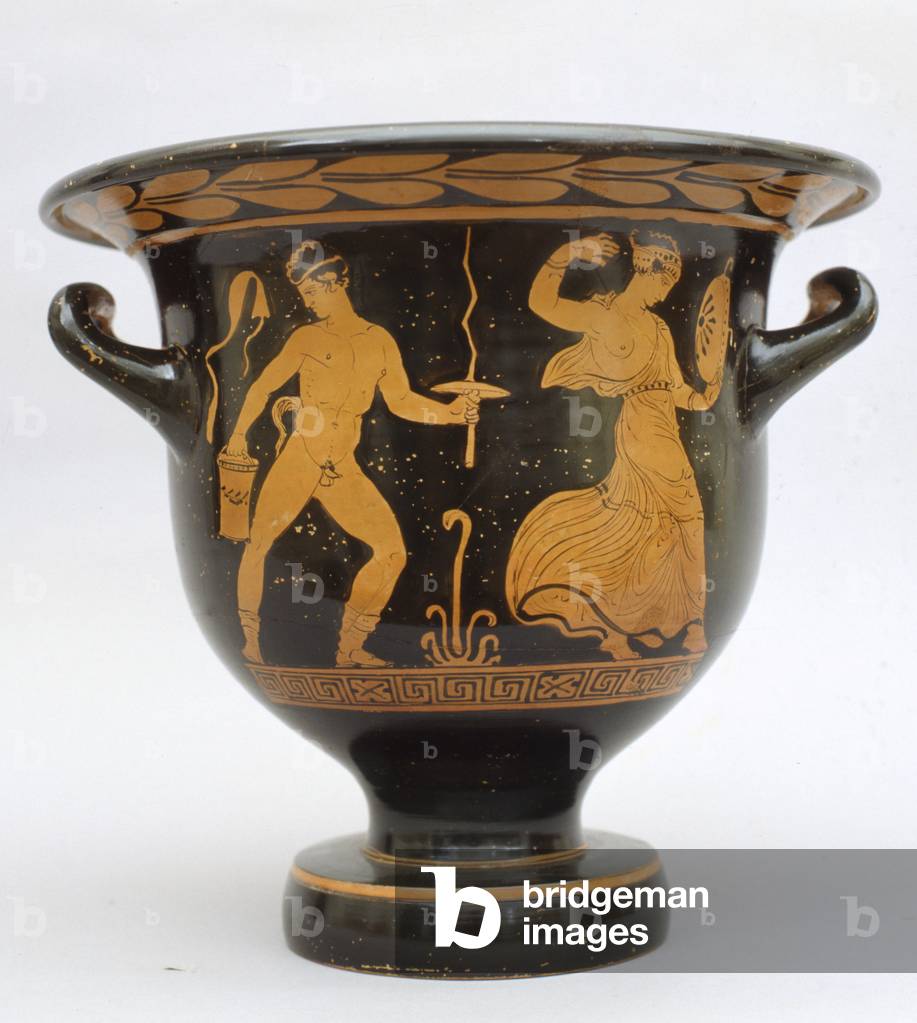 Bell-shaped proto-Apulian krater with satyr and maenad from Matera, Italy (ceramic)