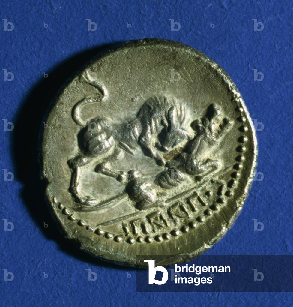 “Dinar” of the “Socii Italici” with Italian bull assaulting the Roman wolf (silver)
